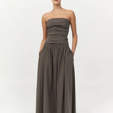 Gathered Strapless Tie Back Dress - Khaki