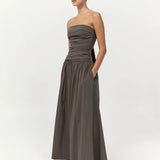 Gathered Strapless Tie Back Dress - Khaki