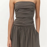 Gathered Strapless Tie Back Dress - Khaki