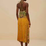 Pineapple Tapestry Green Fringe Midi Skirt
