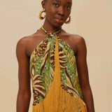 Pineapple Tapestry Green Overlapped Fringe Top