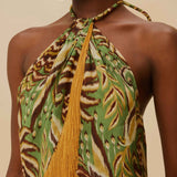 Pineapple Tapestry Green Overlapped Fringe Top
