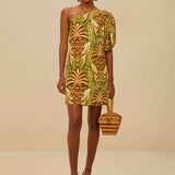 Pineapple Tapestry Green One Shoulder Buttoned Mini