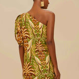 Pineapple Tapestry Green One Shoulder Buttoned Mini