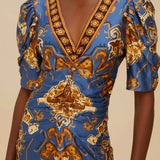 Ornament Floral Blue Midi Dress