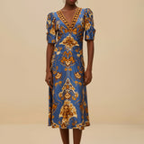 Ornament Floral Blue Midi Dress
