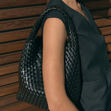 Black Recycled Alt-Leather Woven Small Tote