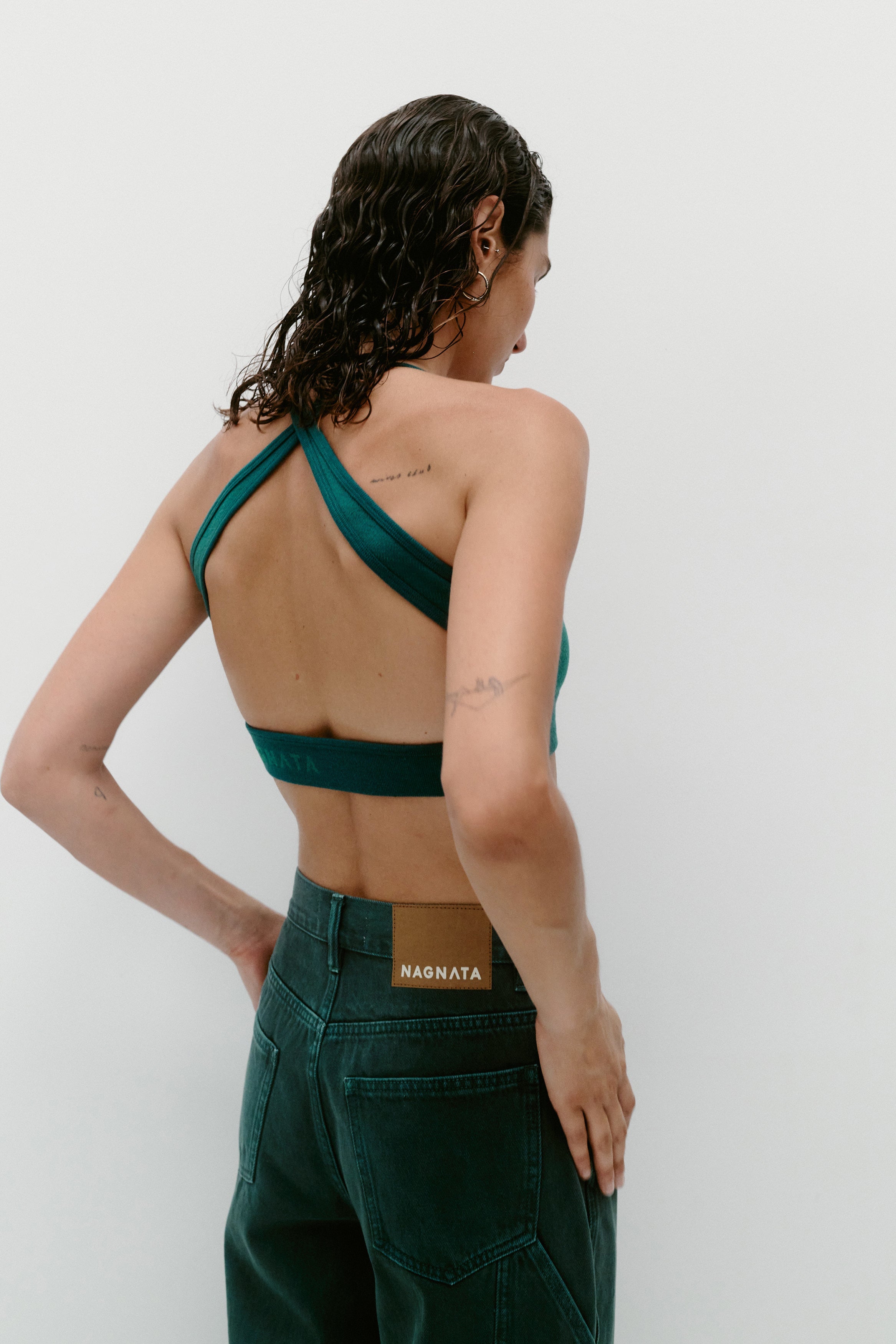 Nagnata Cross Back Wool Bralet Kelp on model