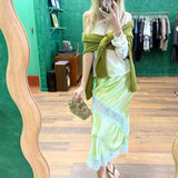 Silk Lace Midi Skirt - Chartreuse/Sea Moss
