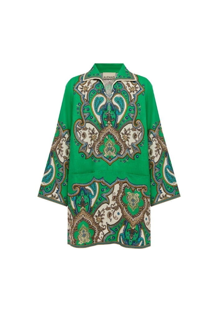Alémais Porter Mini Dress in Printed Linen – styled view | Peggy Concept Store