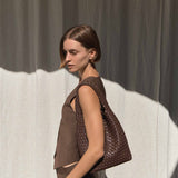 Brown Recycled Alt-Leather Woven Small Tote