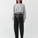 Drawstring Long Sleeve Top - Light Grey Marle