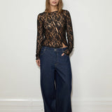 Long Sleeve Asymmetric Lace Top - Black