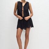 Broderie Tie Blouse - Black