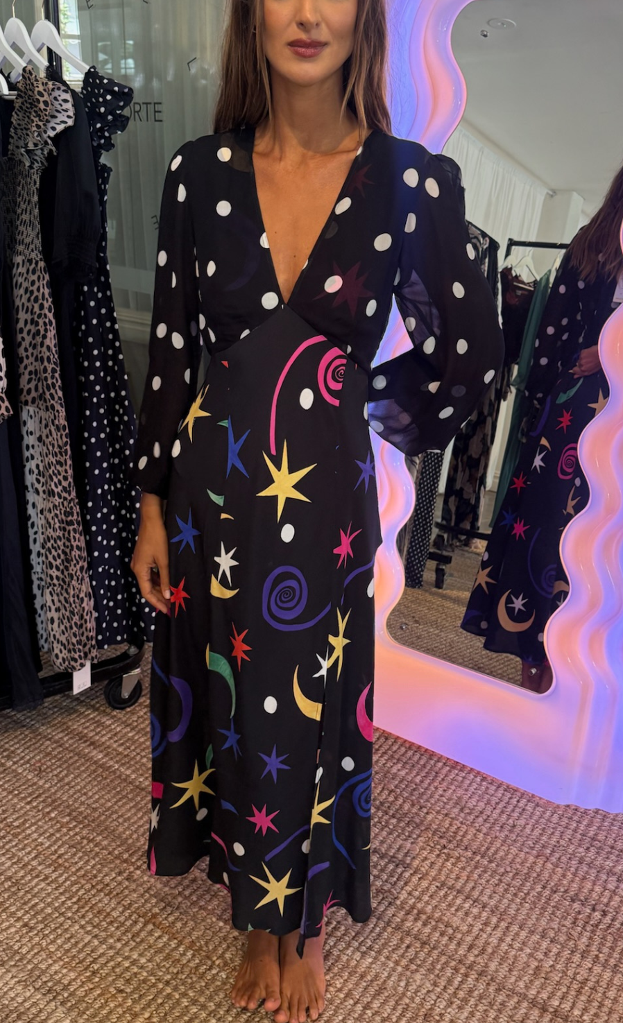 Melanie Silk Midi Dress - Star Dot Mix Multi