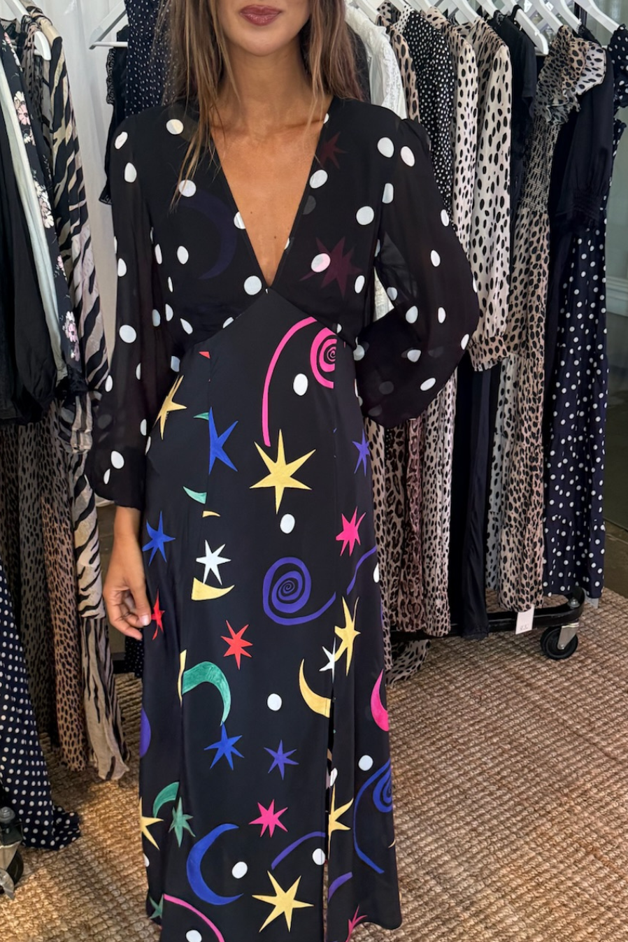 Melanie Silk Midi Dress - Star Dot Mix Multi