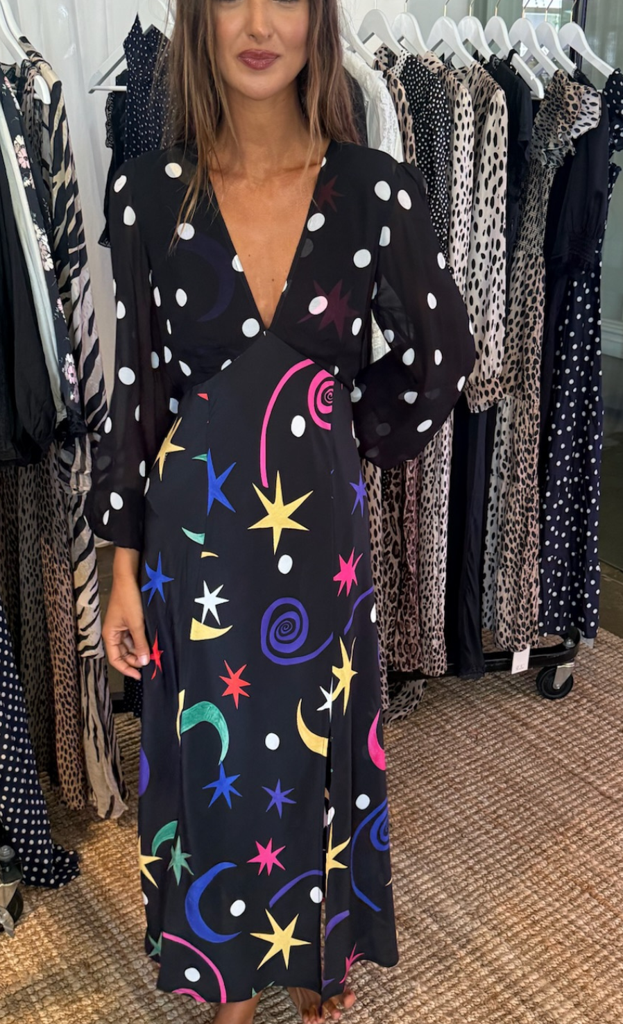 Melanie Silk Midi Dress - Star Dot Mix Multi