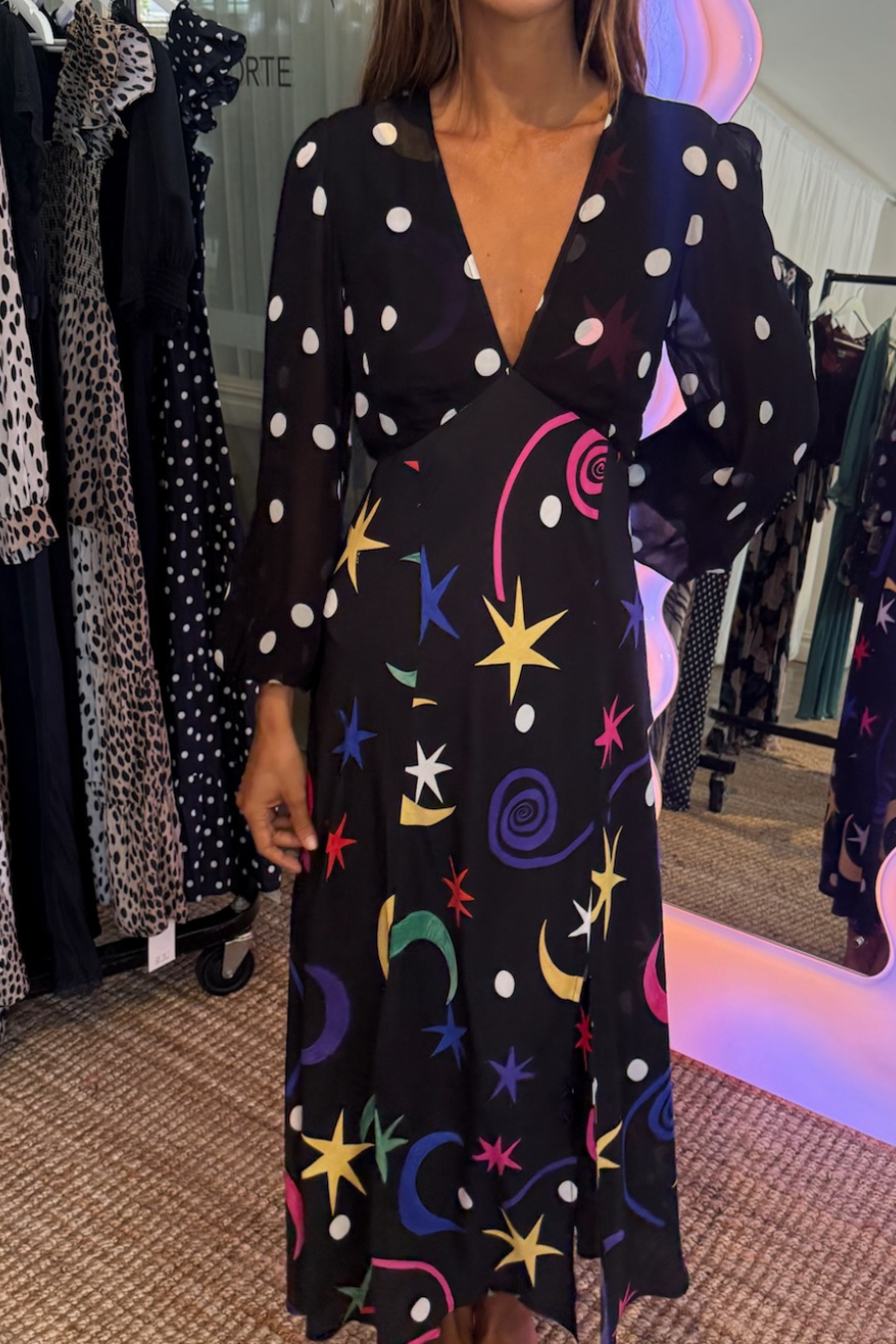 Melanie Silk Midi Dress - Star Dot Mix Multi
