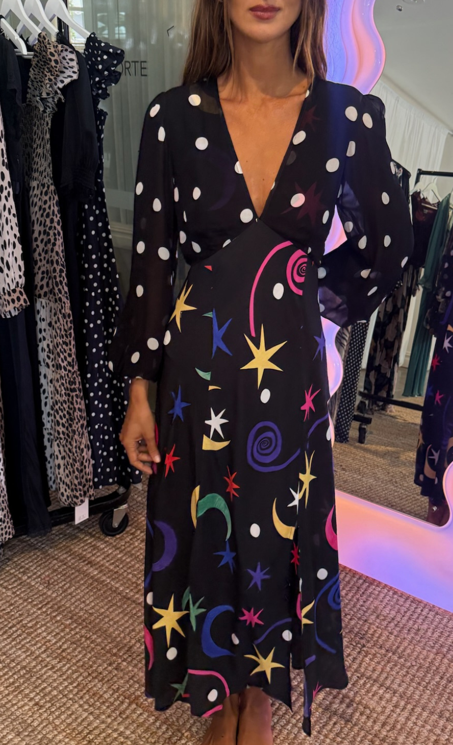 Melanie Silk Midi Dress - Star Dot Mix Multi