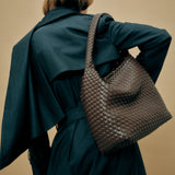 Brown Recycled Alt-Leather Woven Small Tote