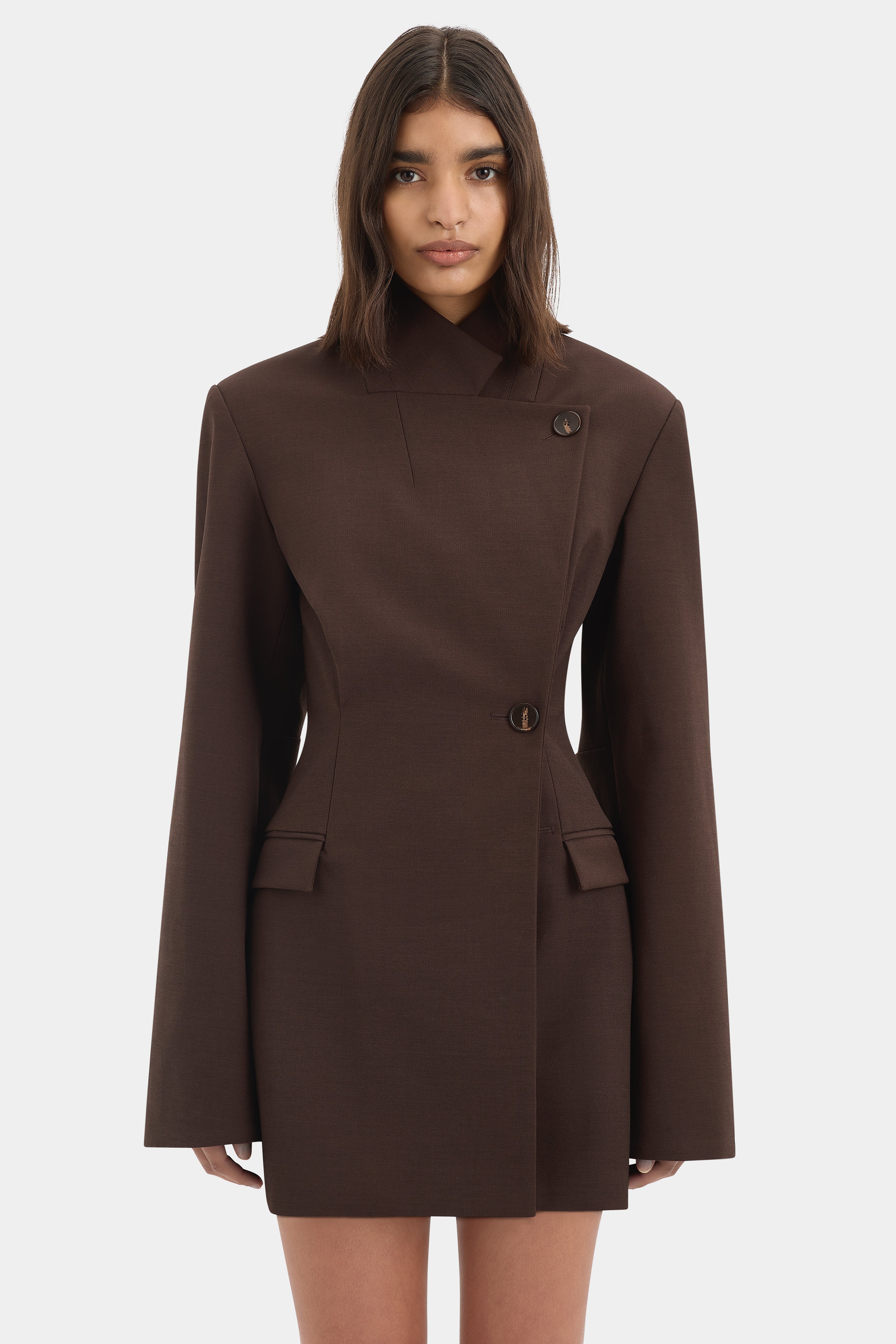 SIR. Astrine Tailored Mini Dress in Coffee – detail view | Peggy Concept Store