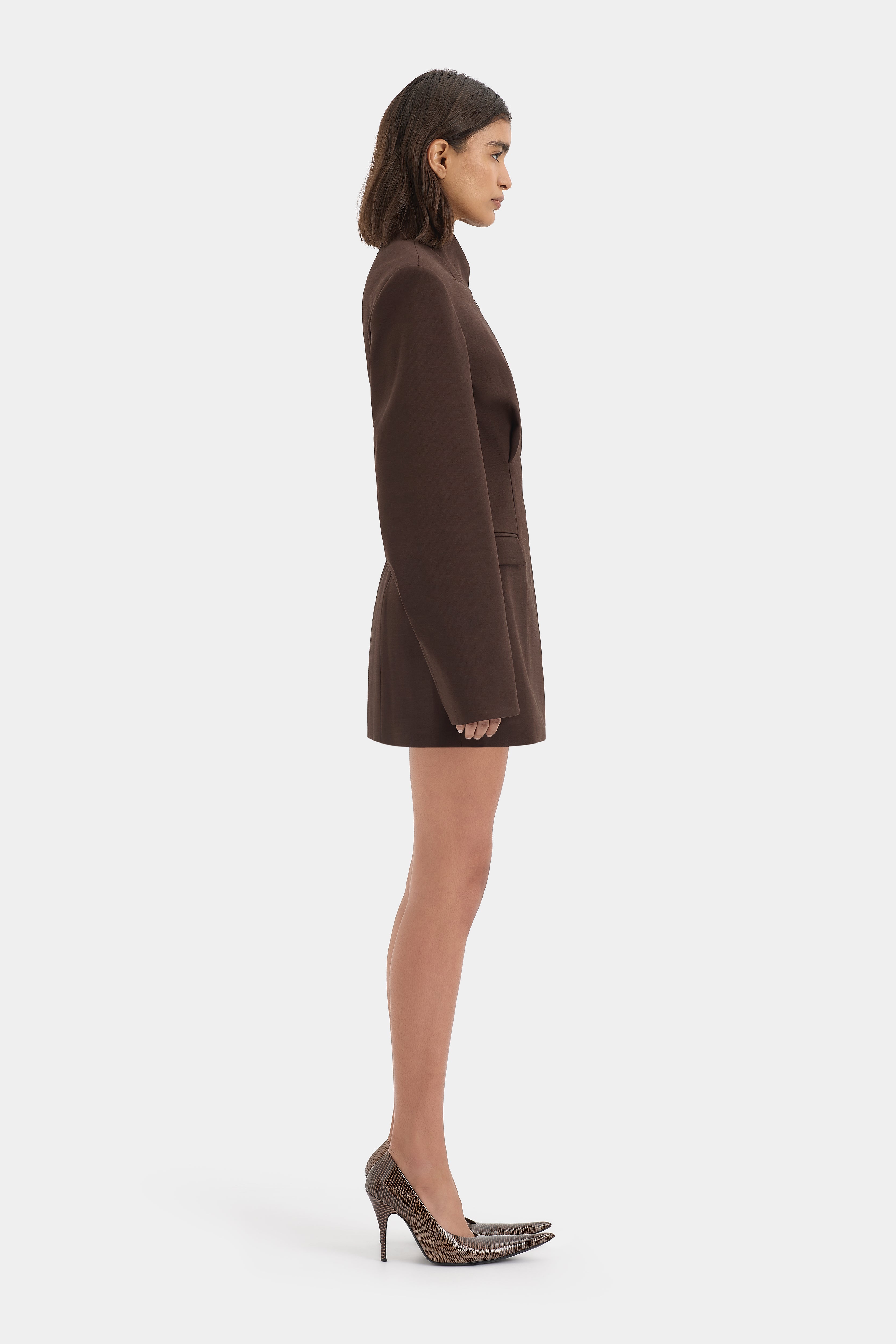 SIR. Astrine Tailored Mini Dress in Coffee – side view | Peggy Concept Store