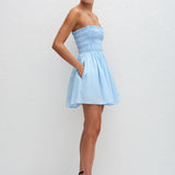 Shirred Bodice Mini Dress - Sky