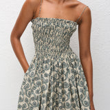 Shirred Bodice Mini Dress - Vine