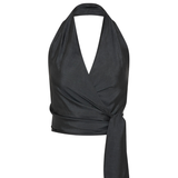 Silk Halter Wrap Top - Washed Black