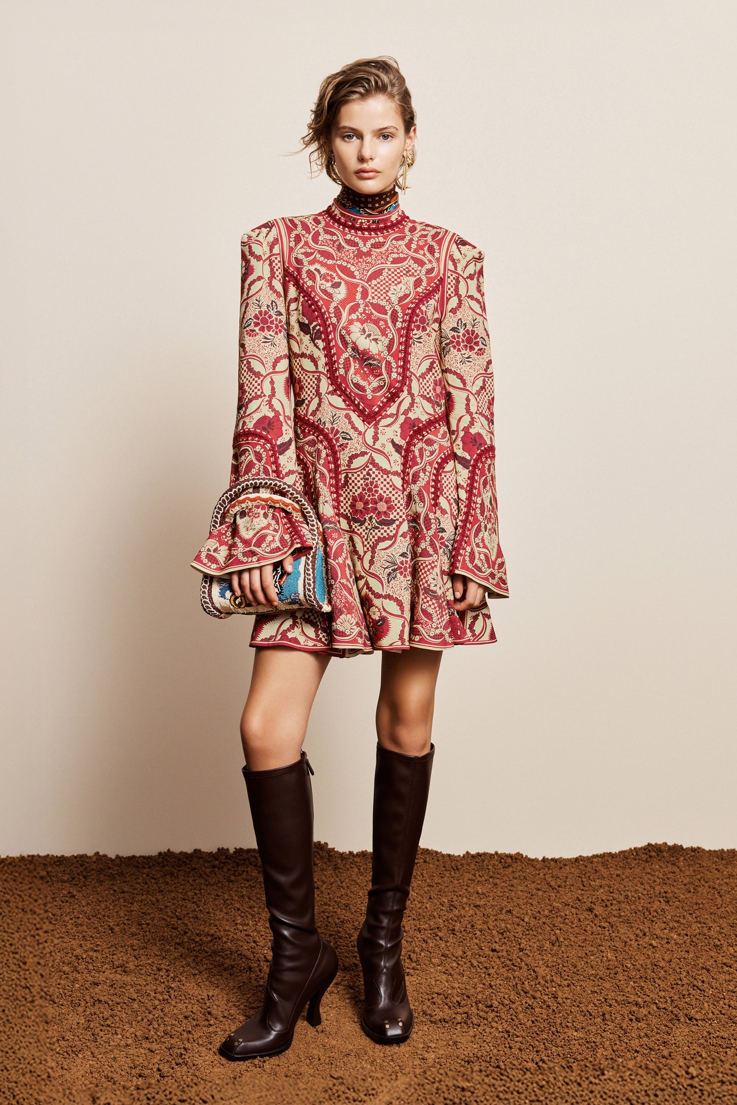 Alemais Kenny Mini Dress Folk Floral Print on model