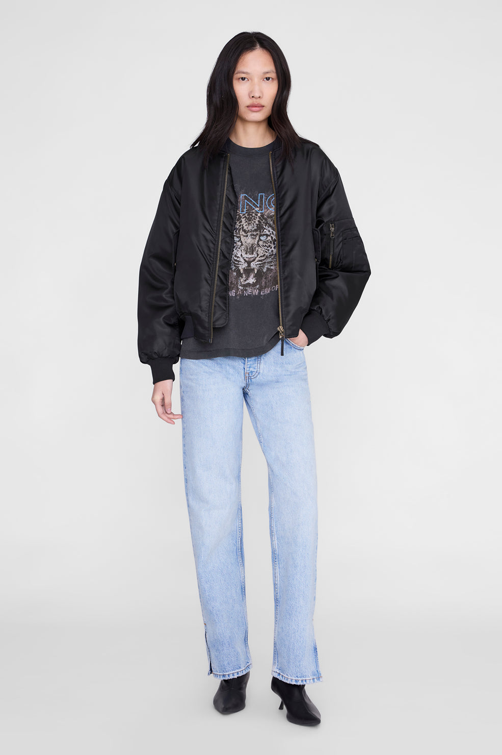 Anine Bing Cade Tee Leo Muse Washed Black styled with a leather jacket