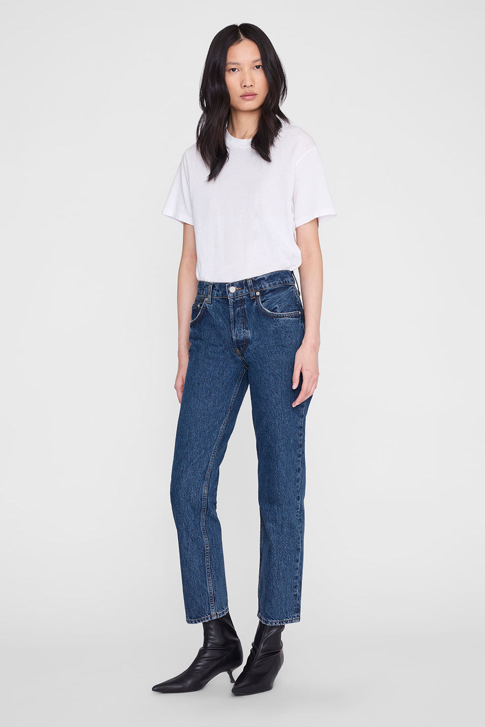 Anine Bing Kate Jean 29 inch Clean Indigo worn with a white tee