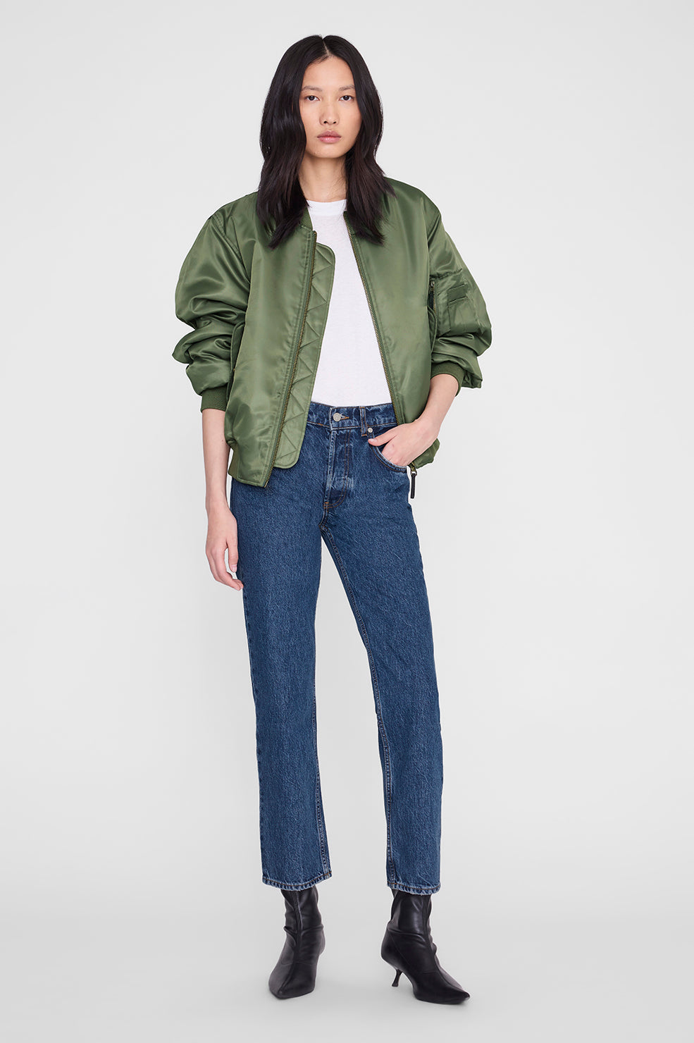Anine Bing Kate Jean 29 inch Clean Indigo styled with a bomber jacket