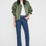 Anine Bing Kate Jean 29 inch Clean Indigo styled with a bomber jacket