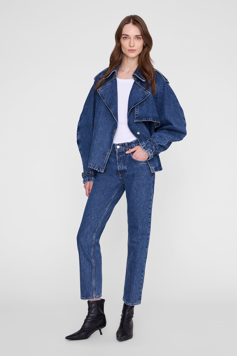 Anine Bing Pascale Trench Clean Indigo worn open with jeans