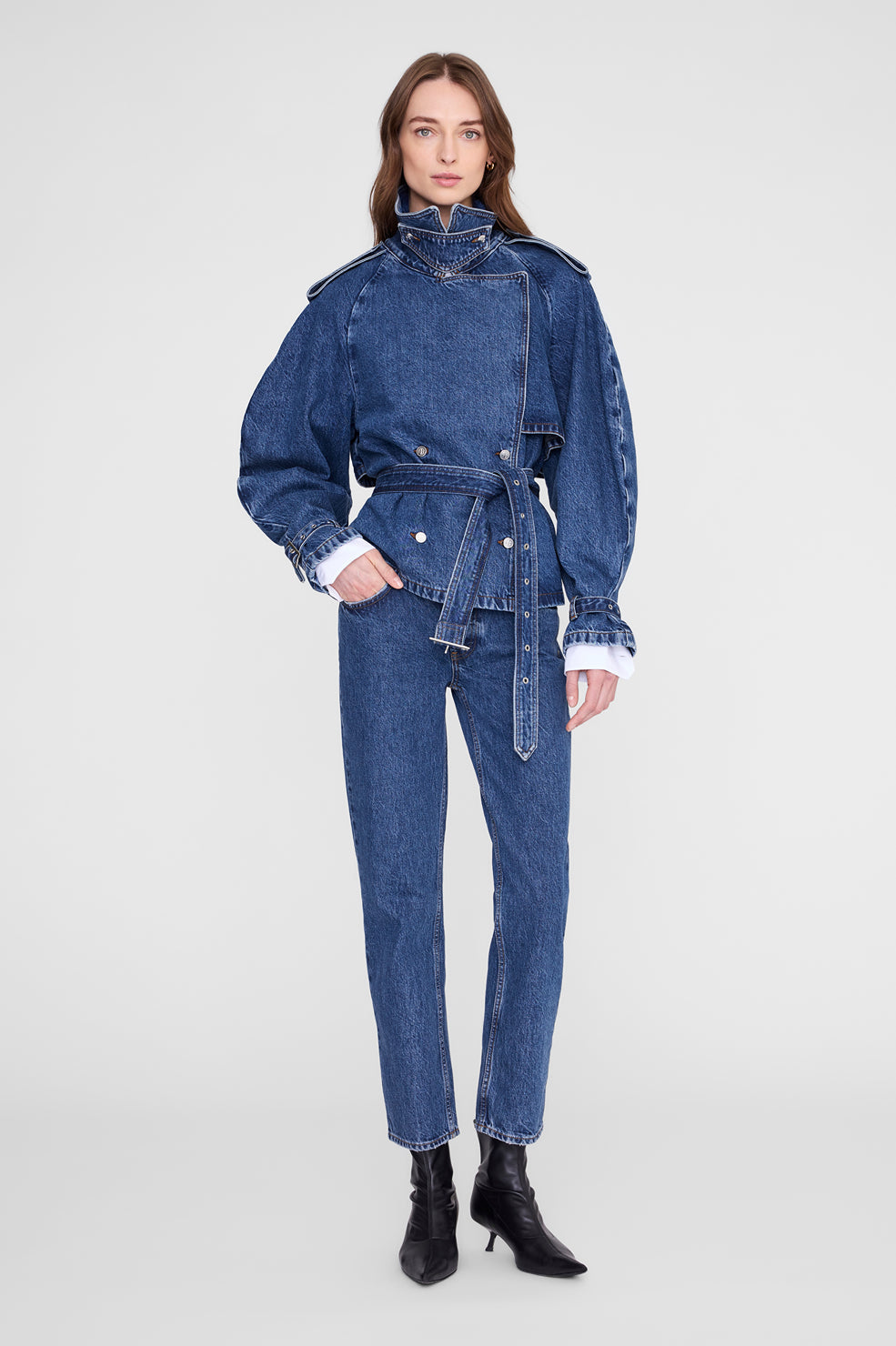 Anine Bing Pascale Trench Clean Indigo belted at the waist