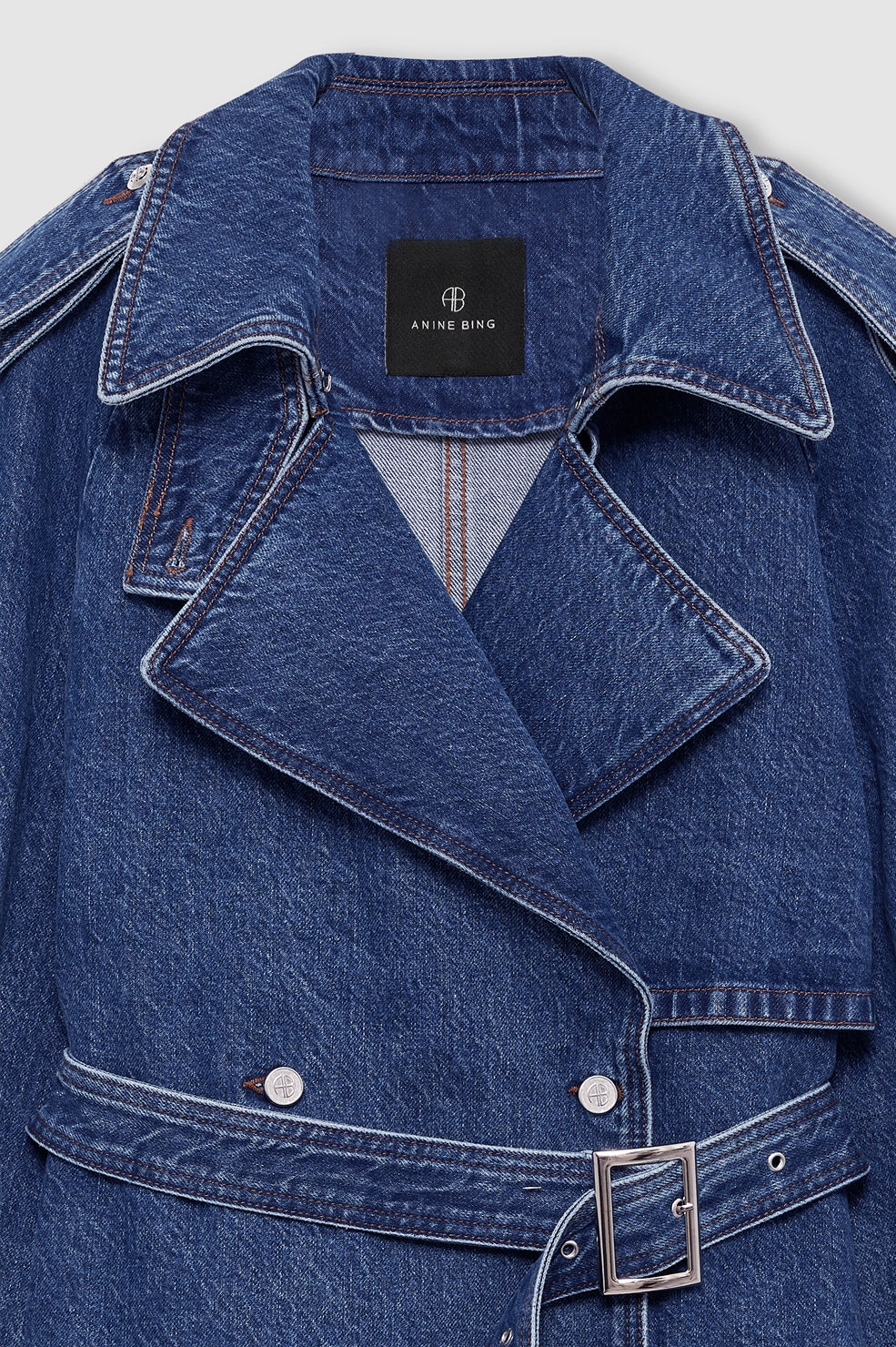 Anine Bing Pascale Trench Clean Indigo collar and buckle detail