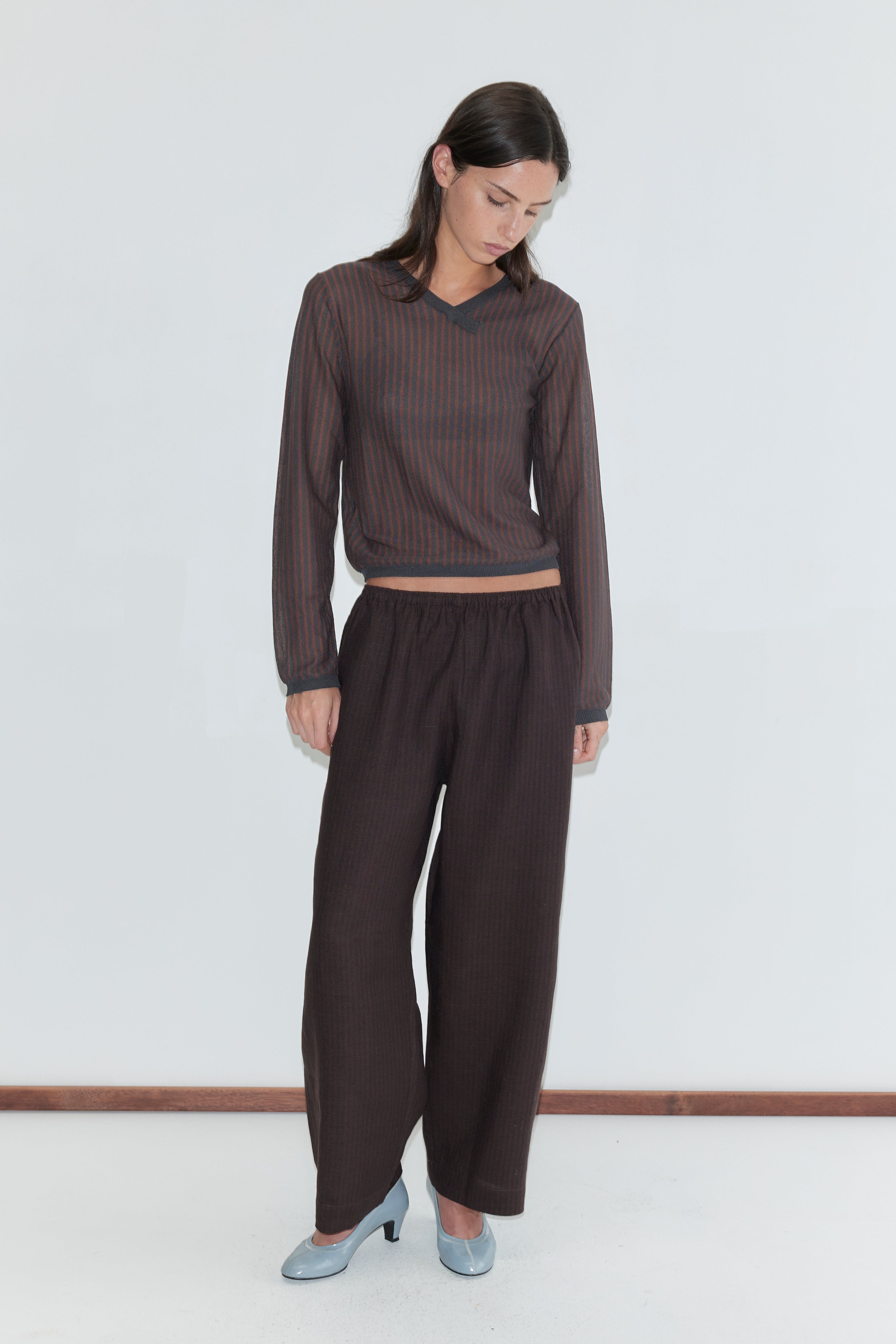 Deiji Studios Linen Ease Trouser Brown Black Stripe