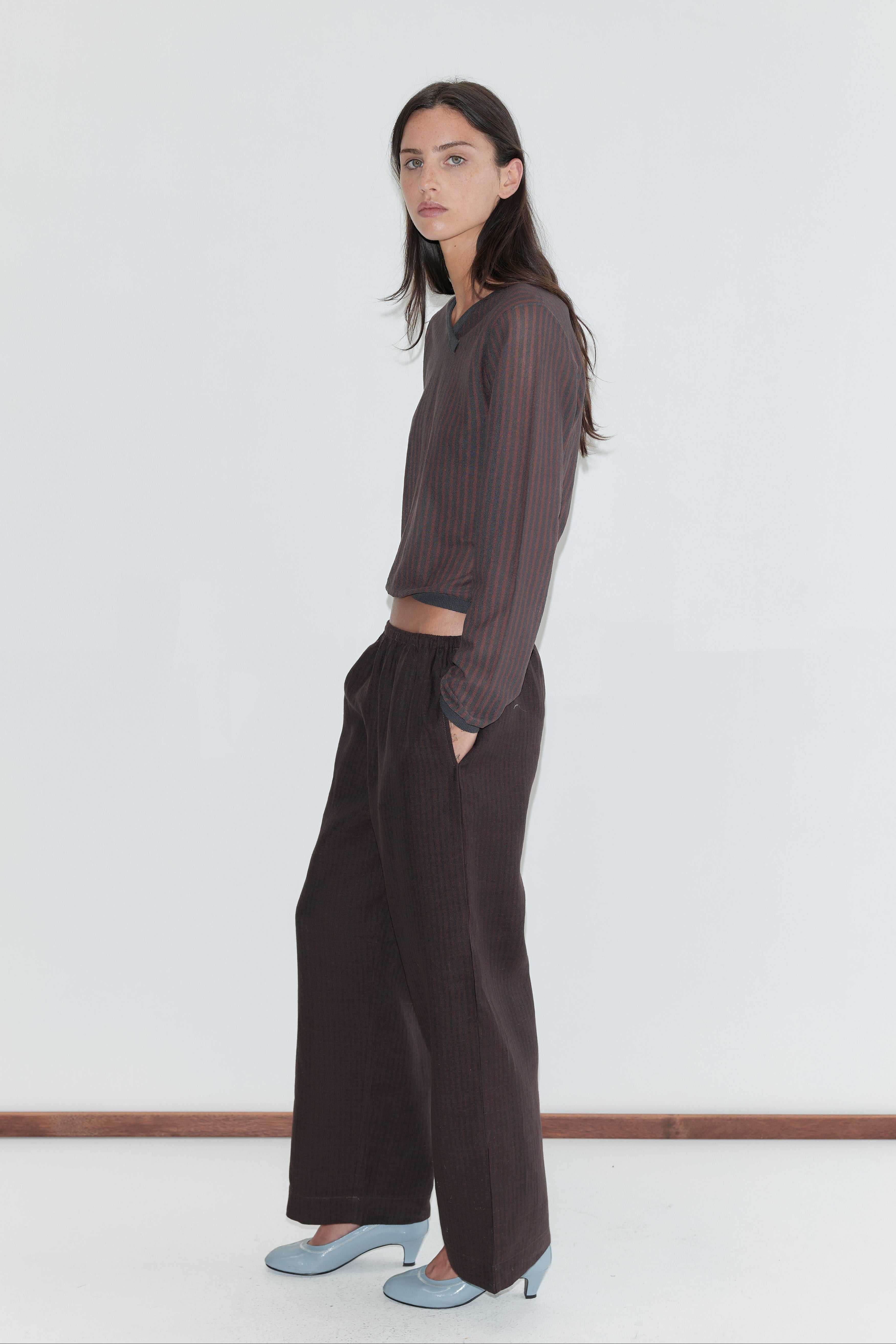 Deiji Studios Linen Ease Trouser Brown Black Stripe