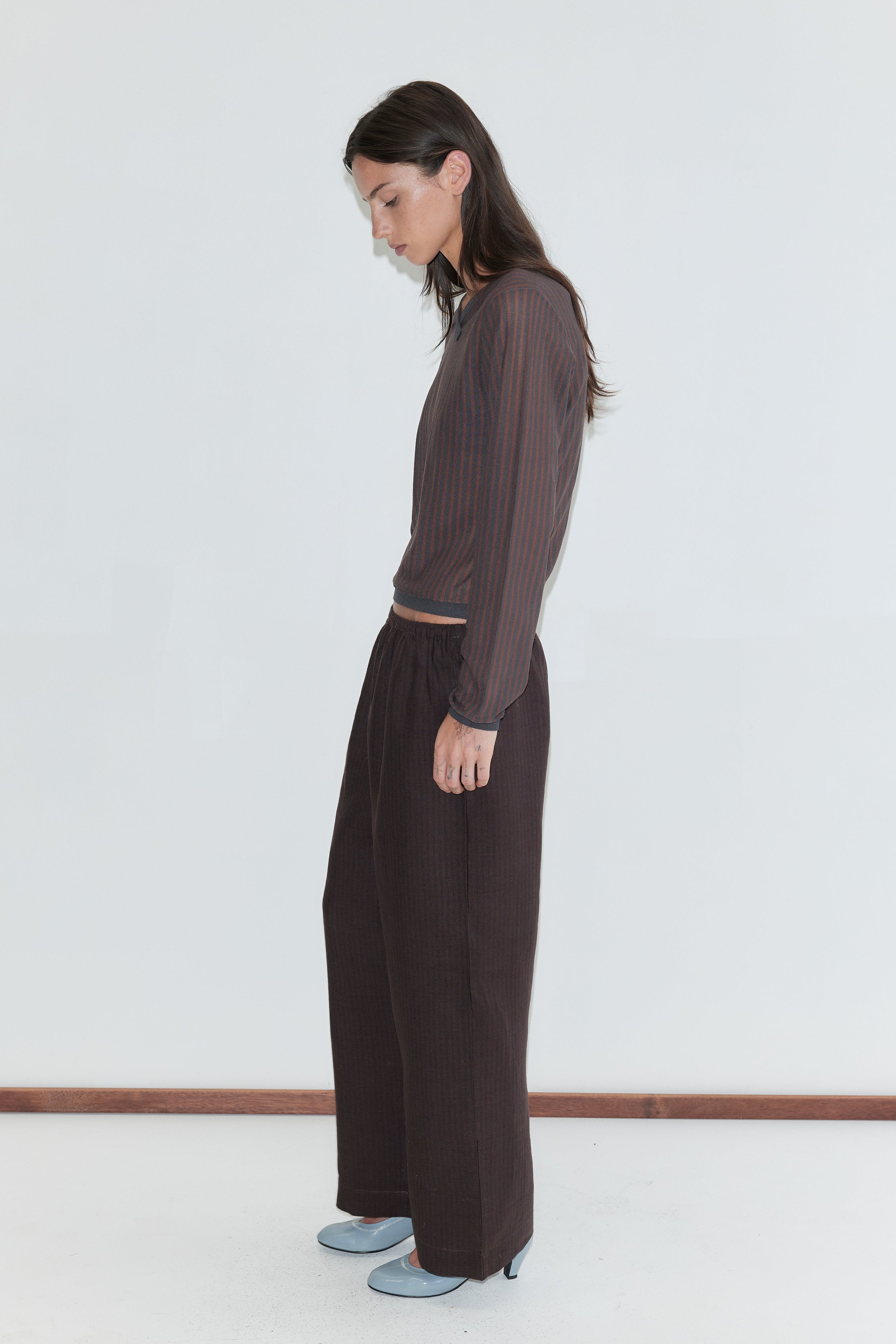 Deiji Studios Linen Ease Trouser Brown Black Stripe