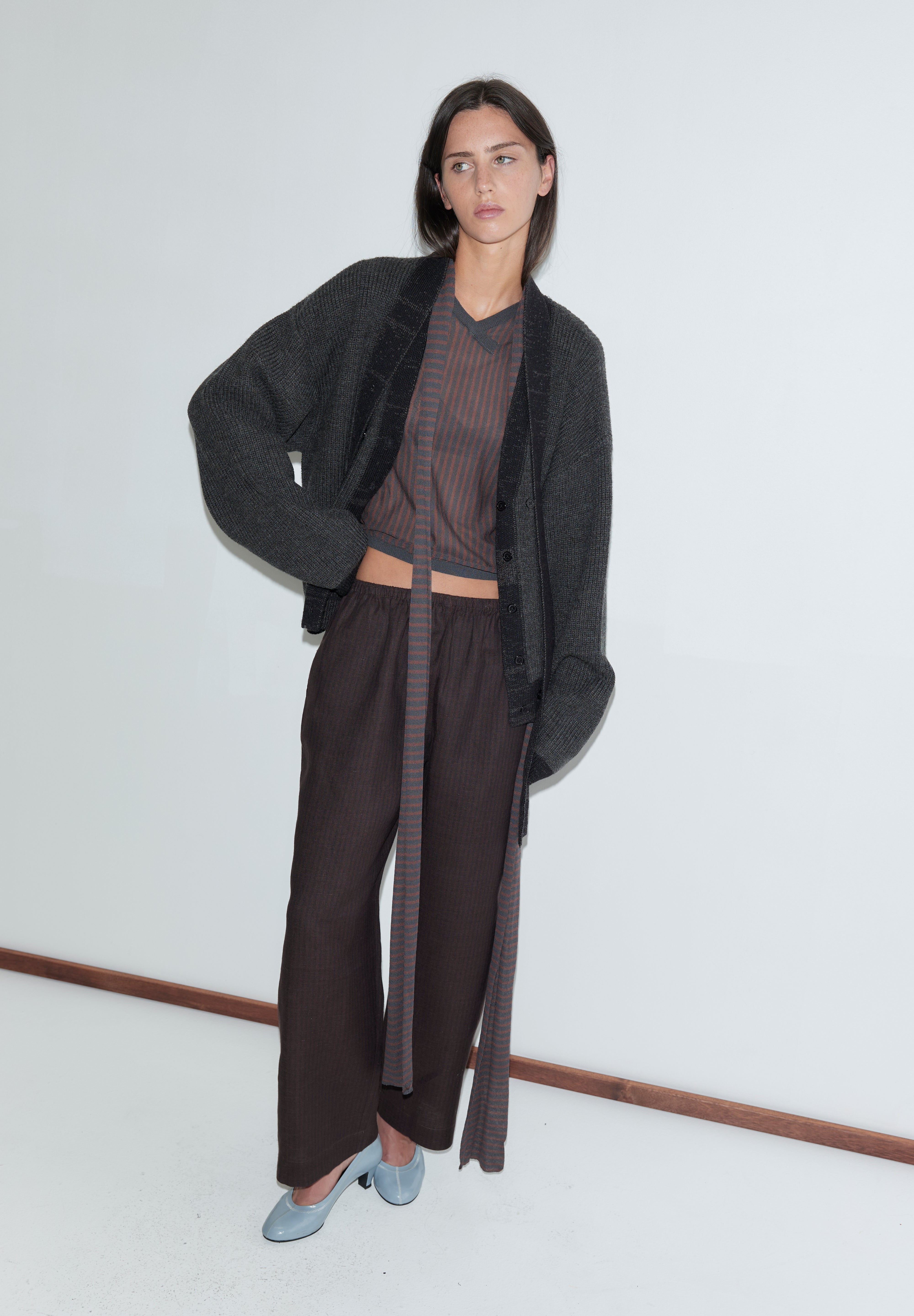 Deiji Studios Linen Ease Trouser Brown Black Stripe