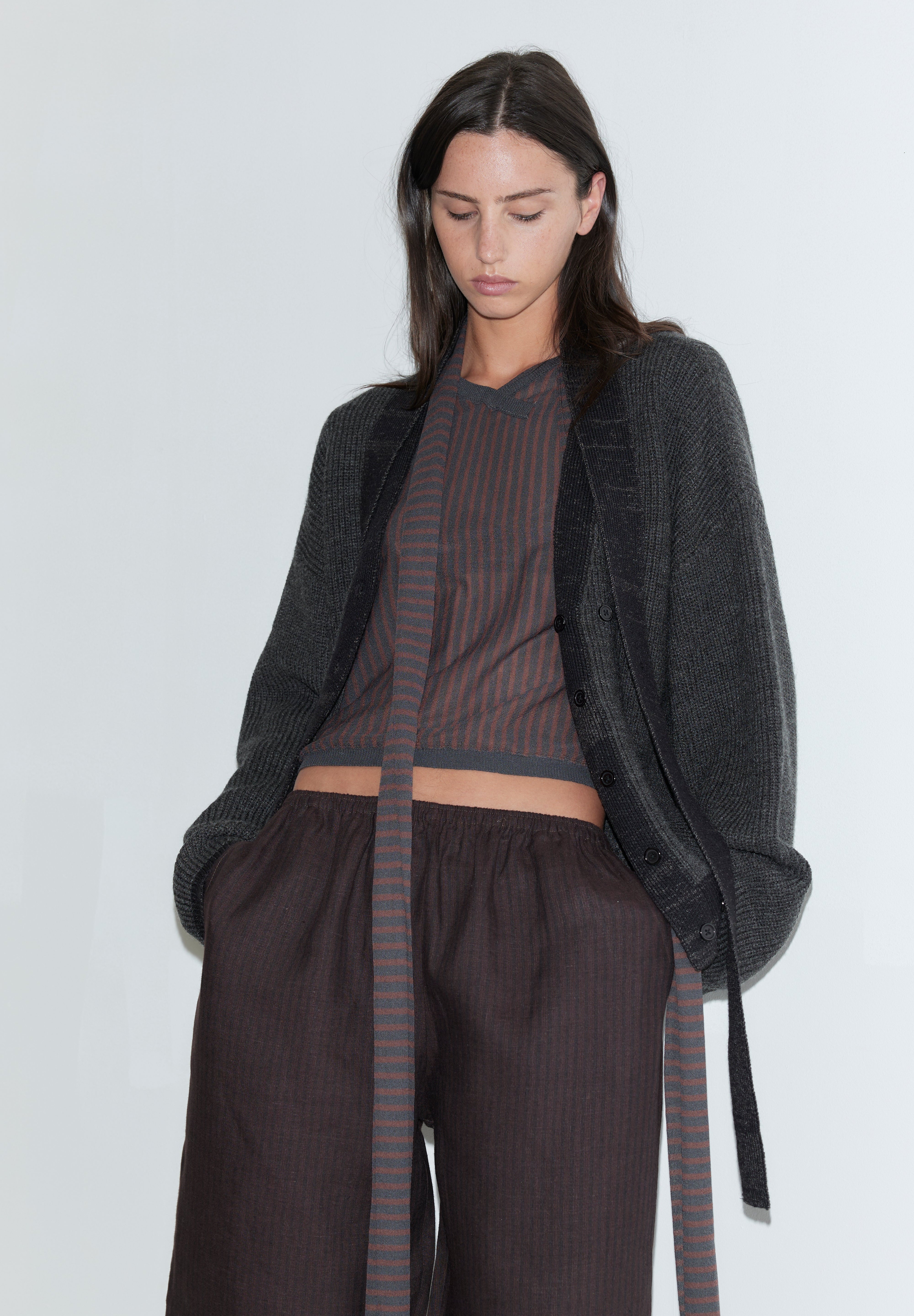 Deiji Studios Linen Ease Trouser Brown Black Stripe