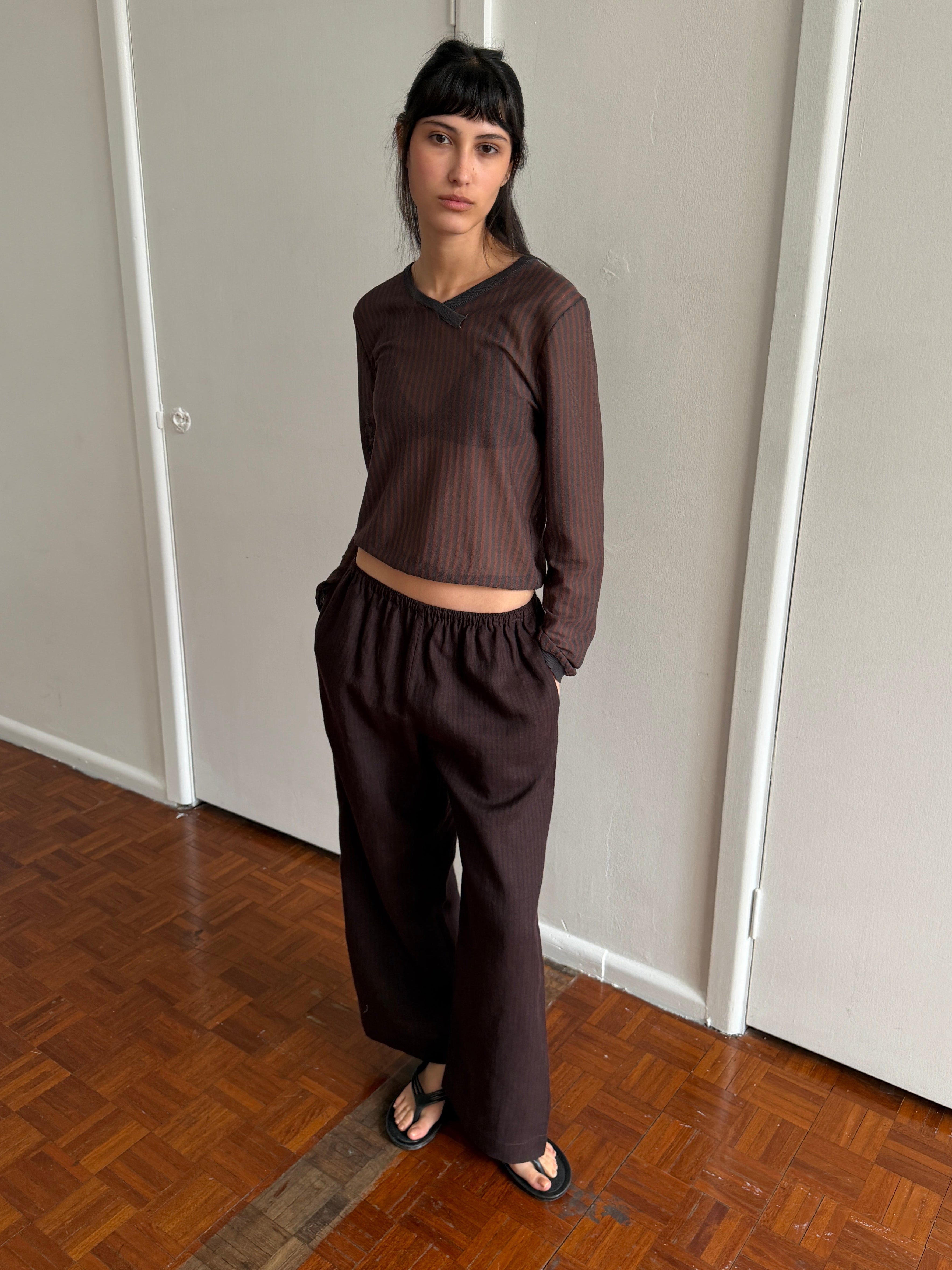 Deiji Studios Linen Ease Trouser Brown Black Stripe
