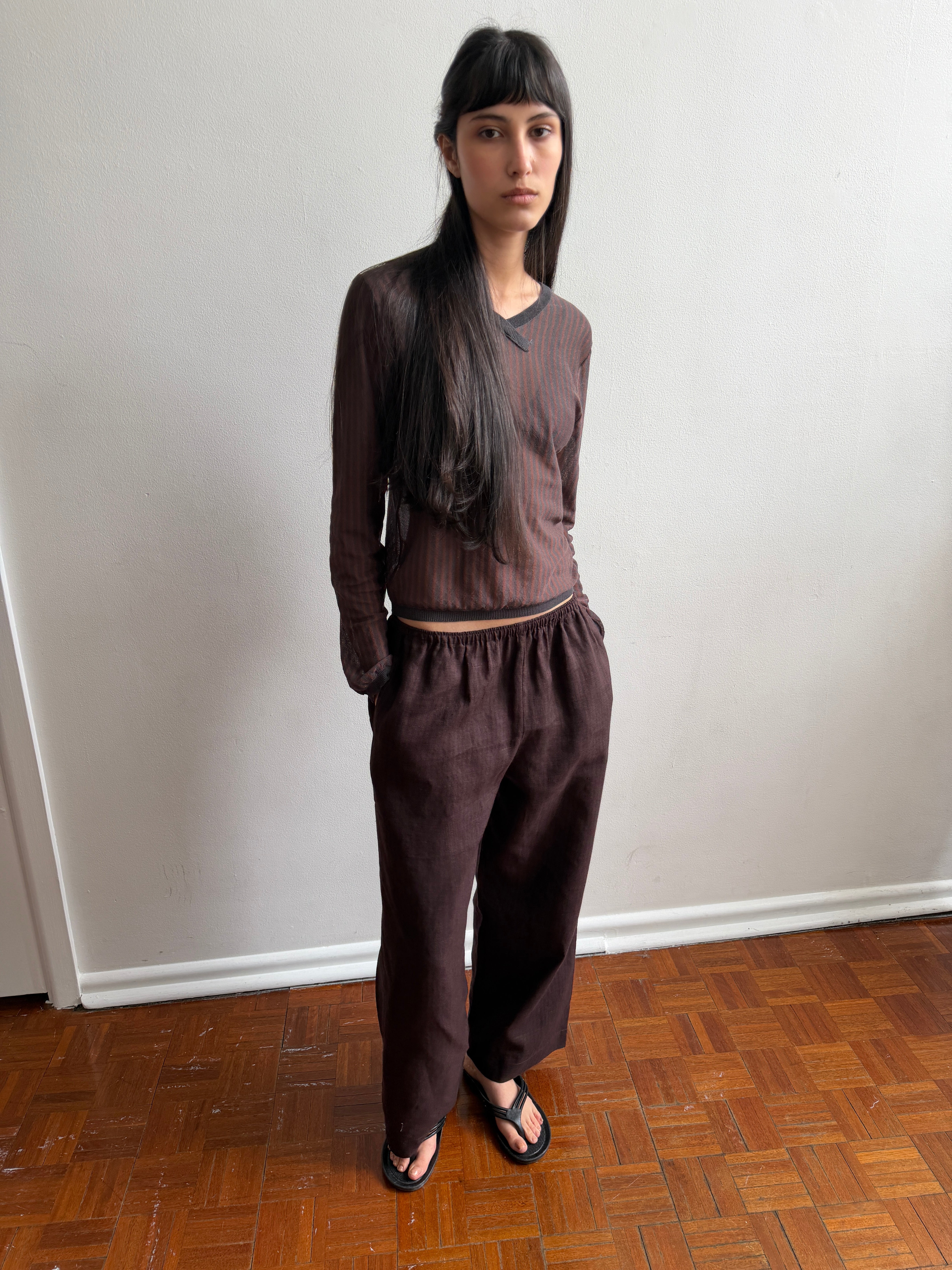 Deiji Studios Linen Ease Trouser Brown Black Stripe