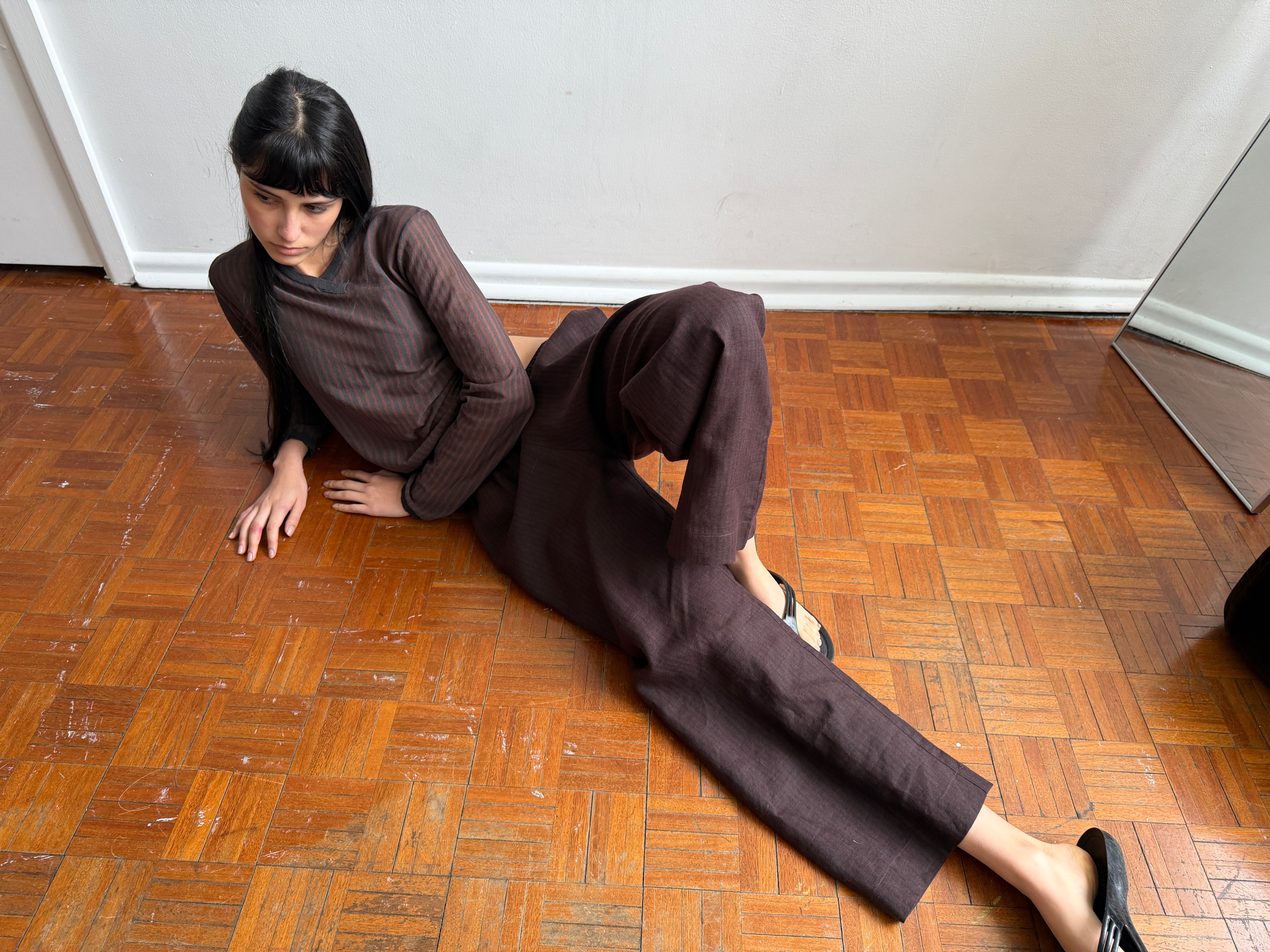 Deiji Studios Linen Ease Trouser Brown Black Stripe