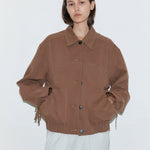 Deiji Studios Button Up Jacket in Brown – detail view showing patch pockets | Peggy Concept Store