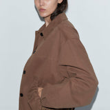 Deiji Studios Button Up Jacket in Brown – front view, styled with tapered trousers | Peggy Concept Store