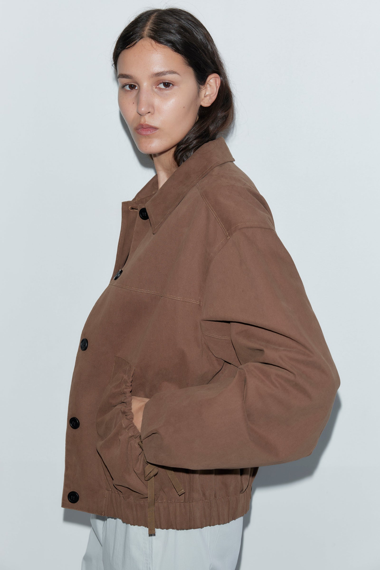 Deiji Studios Button Up Jacket in Brown – front view, styled with tapered trousers | Peggy Concept Store