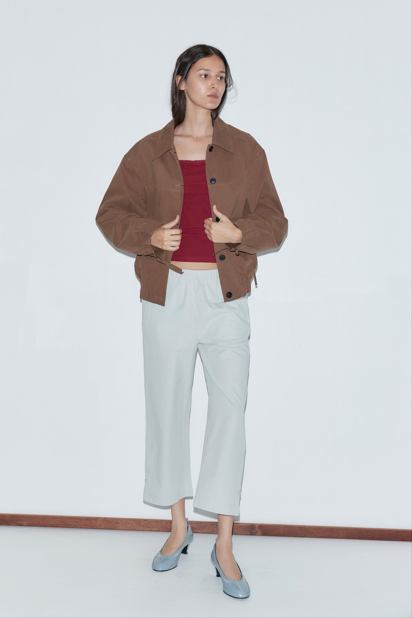 Deiji Studios Button Up Jacket in Brown – side view, worn open | Peggy Concept Store