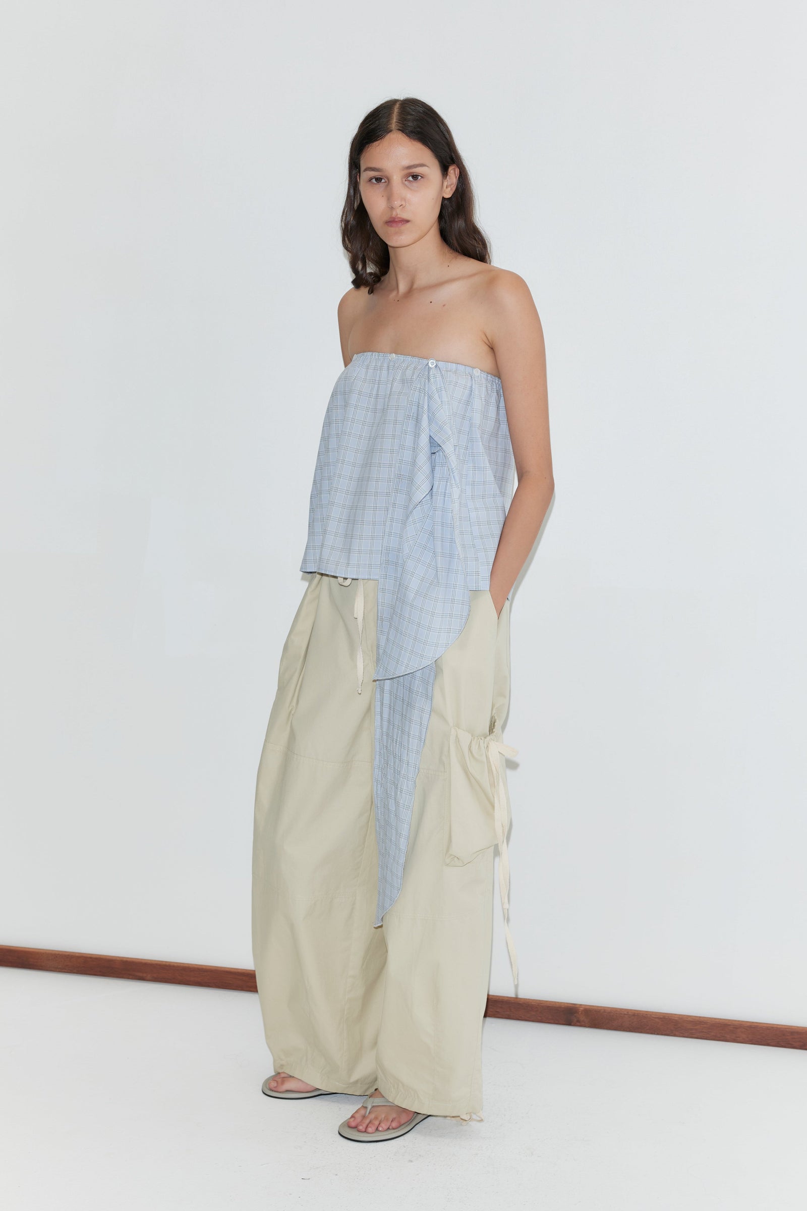 Deiji Studios Cargo Pant in Stone – detail view of side tie pockets | Peggy Concept Store